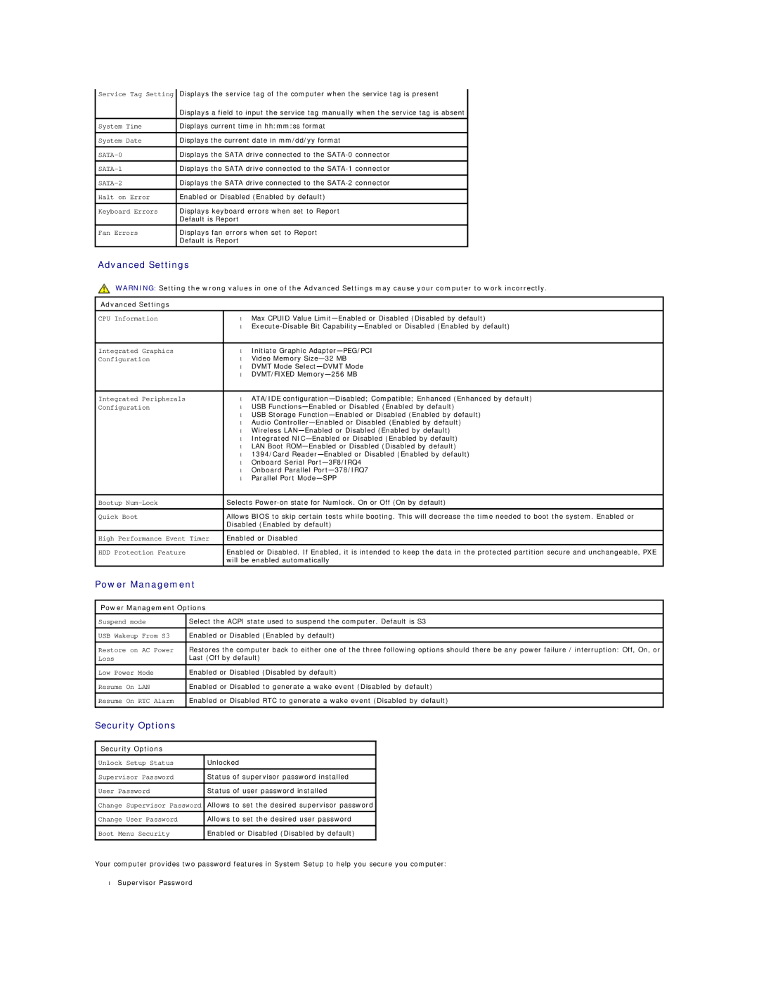 Dell 320 specifications Advanced Settings, Power Management Options, Security Options 