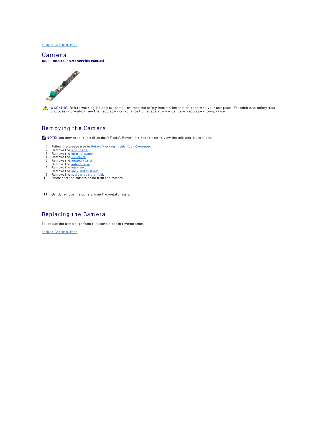 Dell 320 specifications Removing the Camera, Replacing the Camera 