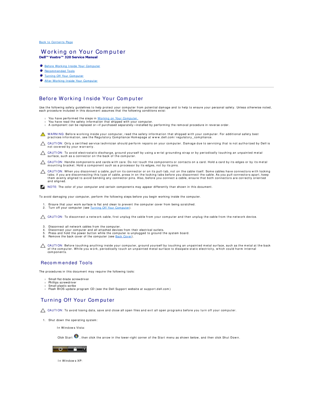 Dell 320 Working on Your Computer, Before Working Inside Your Computer, Turning Off Your Computer, Windows Vista 