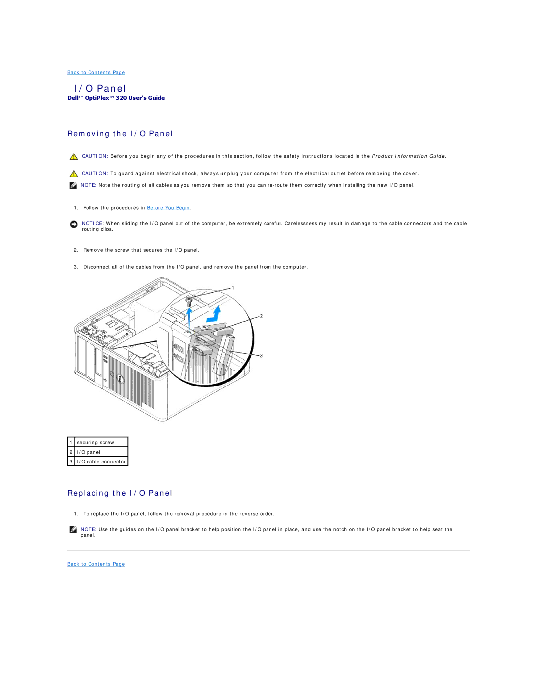 Dell 320 manual Panel 