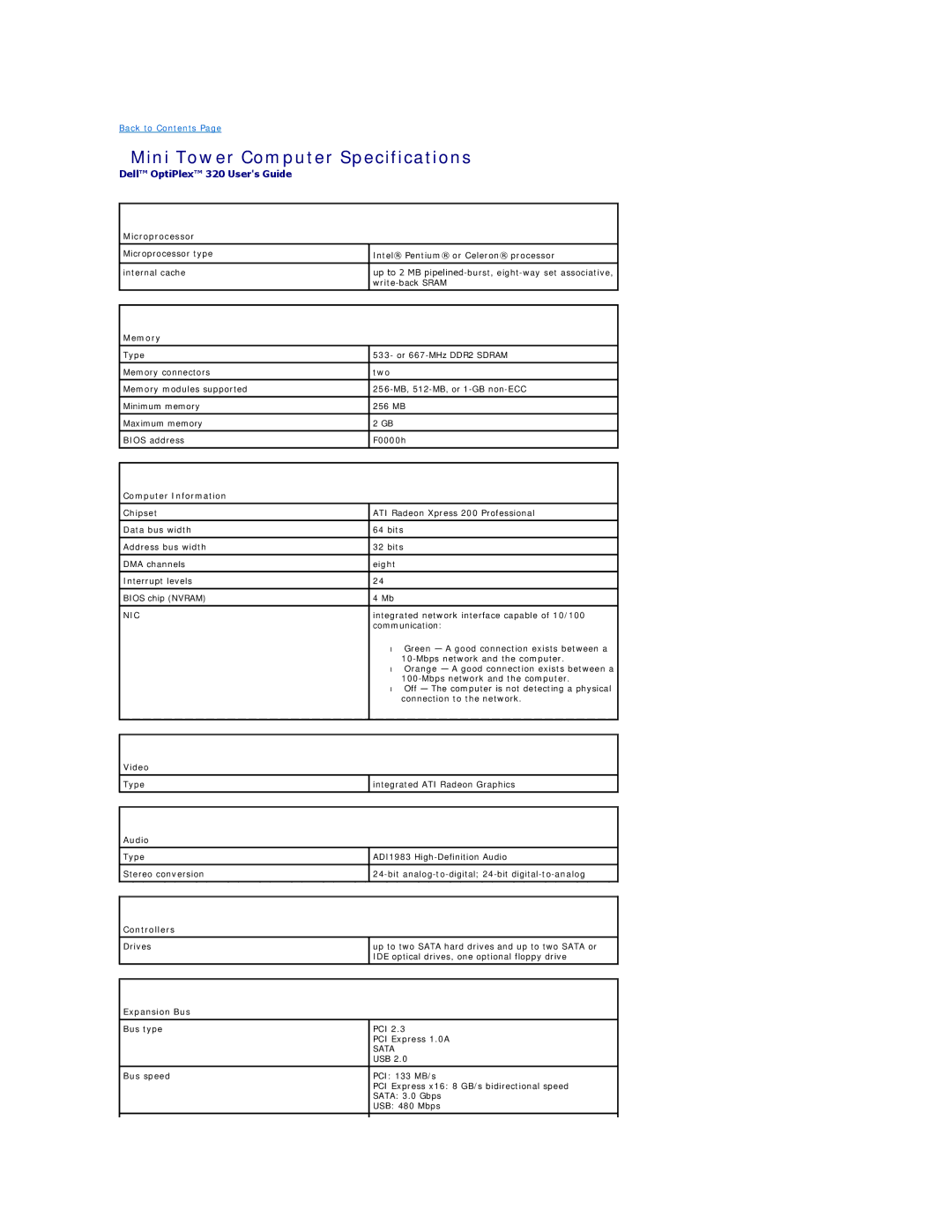 Dell 320 manual Mini Tower Computer Specifications, Microprocessor 