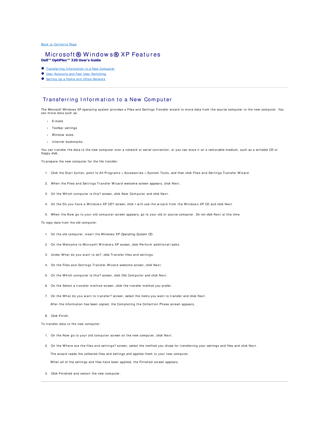 Dell 320 manual Microsoft Windows XP Features, Transferring Information to a New Computer 