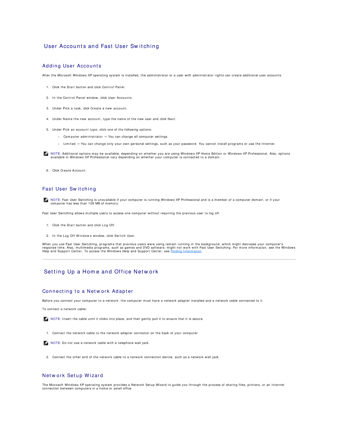 Dell 320 manual User Accounts and Fast User Switching, Setting Up a Home and Office Network 