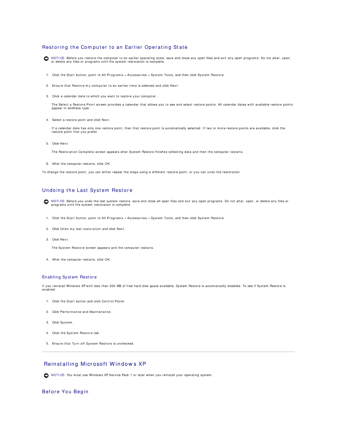 Dell 320 manual Reinstalling Microsoft Windows XP, Restoring the Computer to an Earlier Operating State, Before You Begin 
