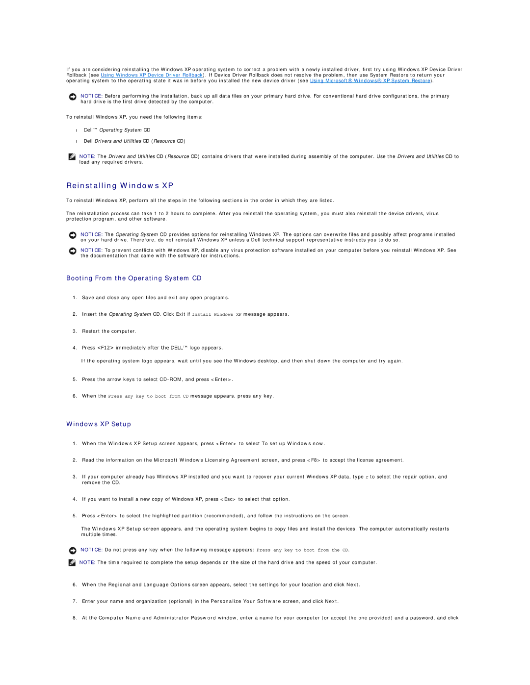 Dell 320 manual Reinstalling Windows XP, Booting From the Operating System CD, Windows XP Setup 