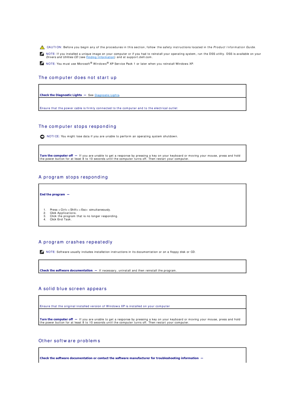 Dell 320 manual Computer does not start up, Computer stops responding, Program stops responding, Program crashes repeatedly 