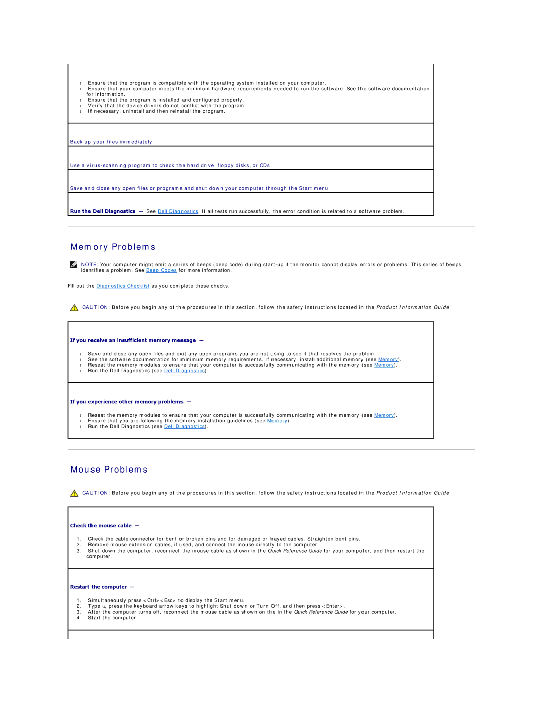 Dell 320 manual Memory Problems, Mouse Problems 