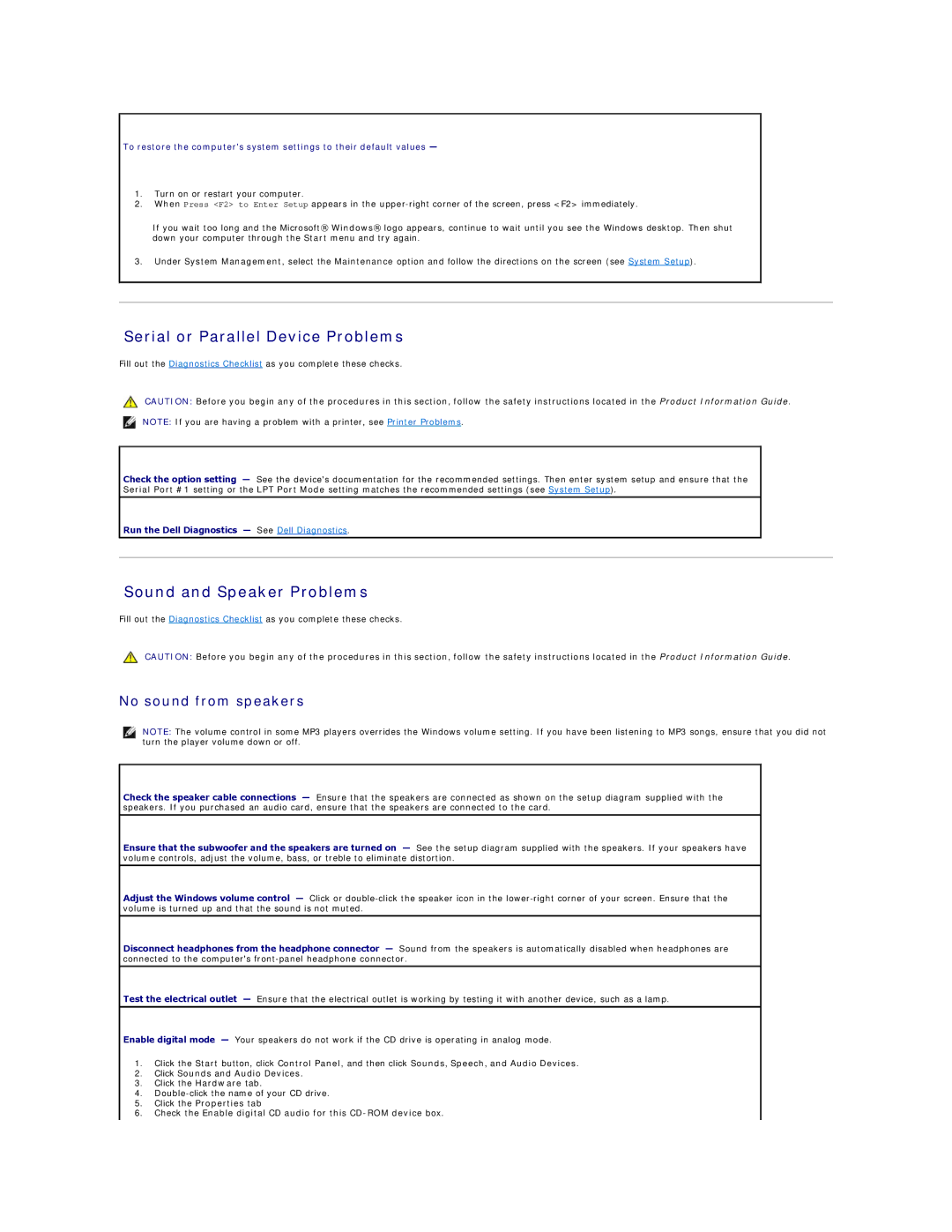 Dell 320 manual Serial or Parallel Device Problems, Sound and Speaker Problems, No sound from speakers 