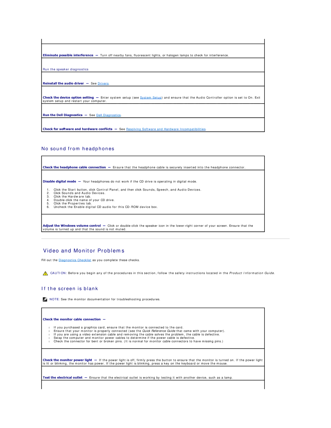Dell 320 manual Video and Monitor Problems, No sound from headphones, If the screen is blank 