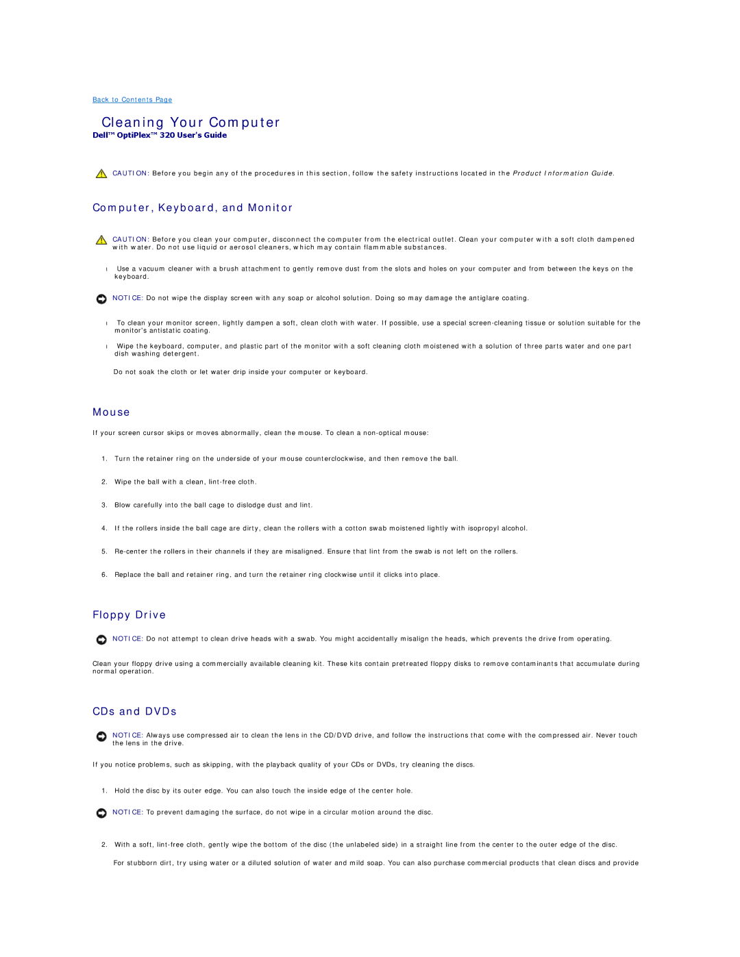 Dell 320 manual Cleaning Your Computer, Computer, Keyboard, and Monitor, Mouse, CDs and DVDs 