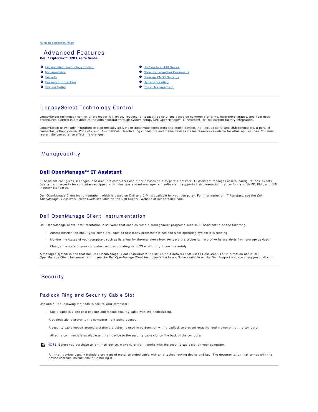 Dell 320 manual Advanced Features, LegacySelect Technology Control, Manageability, Security 