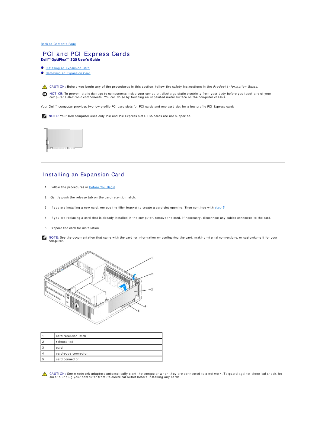 Dell 320 manual PCI and PCI Express Cards, Installing an Expansion Card 