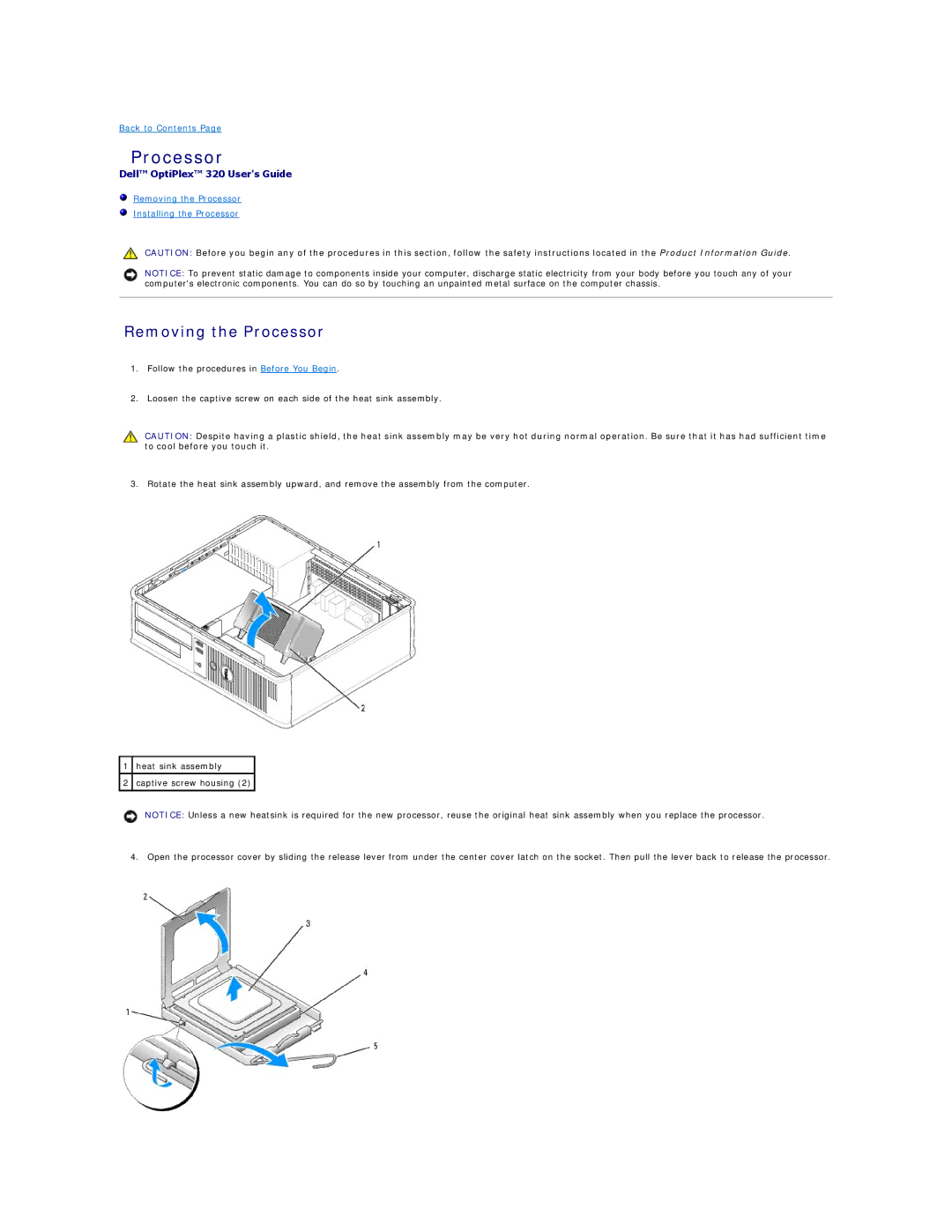 Dell 320 manual Removing the Processor 