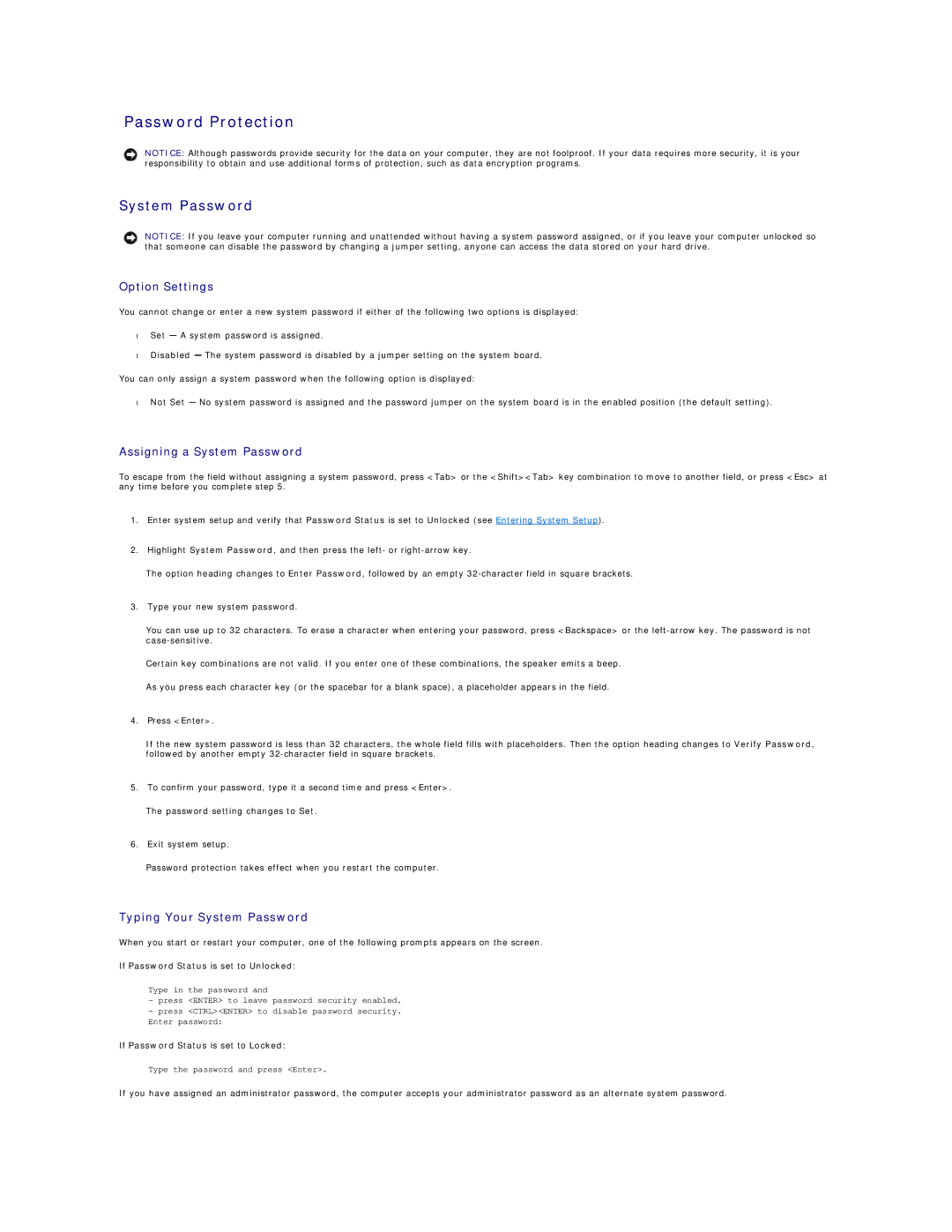 Dell 320 manual Password Protection, Option Settings, Assigning a System Password, Typing Your System Password 