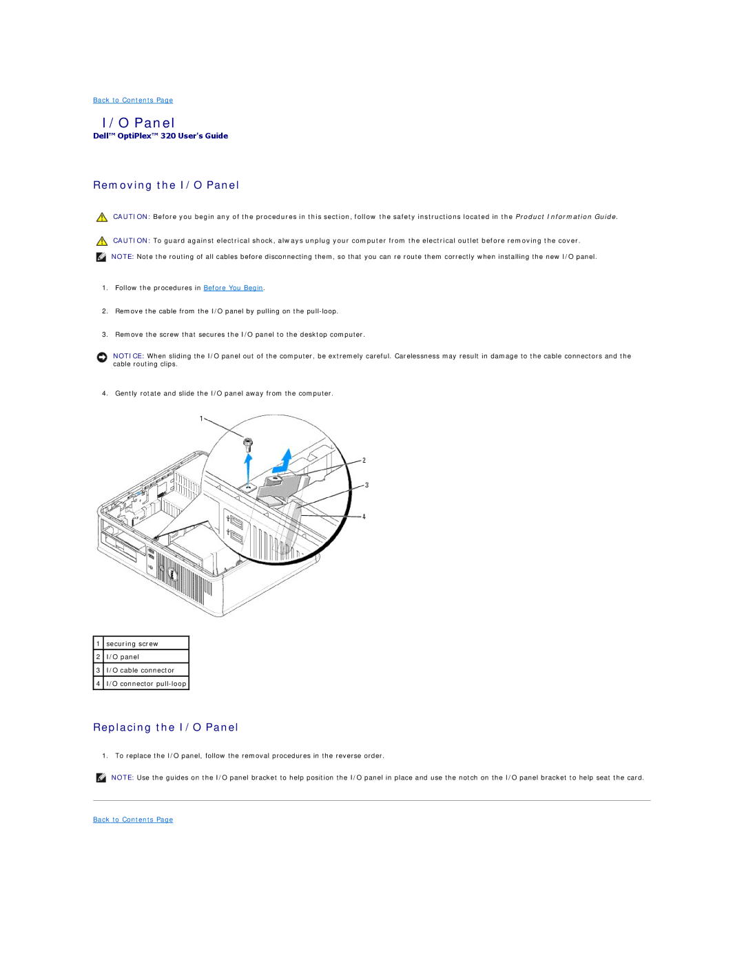 Dell 320 manual Removing the I/O Panel, Replacing the I/O Panel 