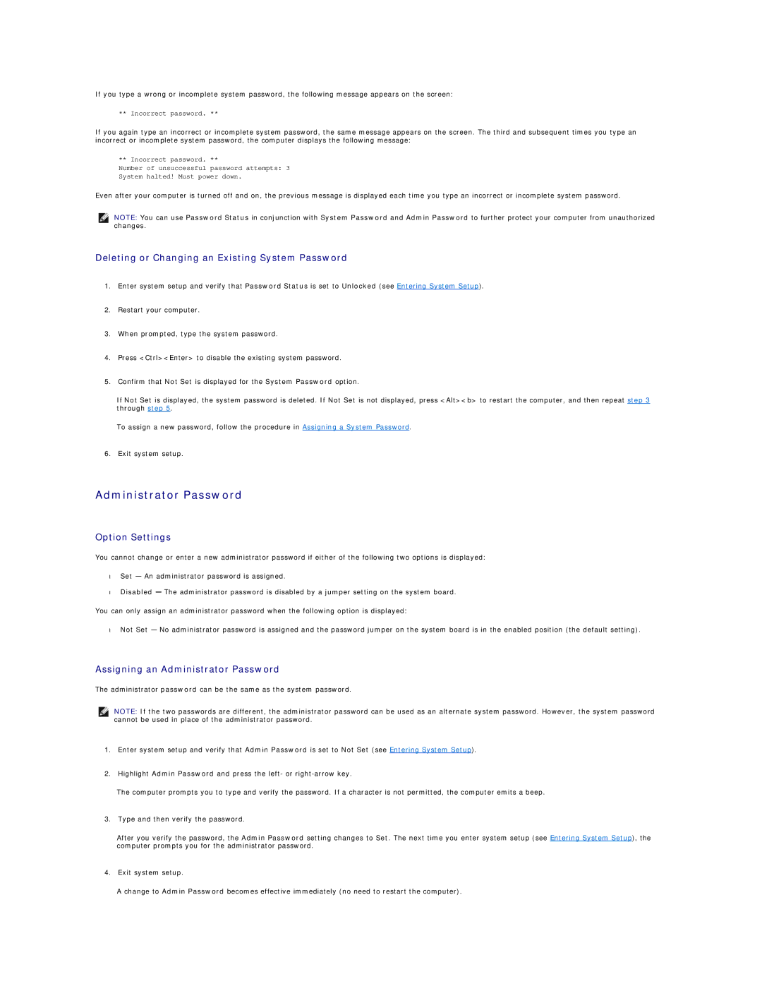 Dell 320 manual Deleting or Changing an Existing System Password, Assigning an Administrator Password 