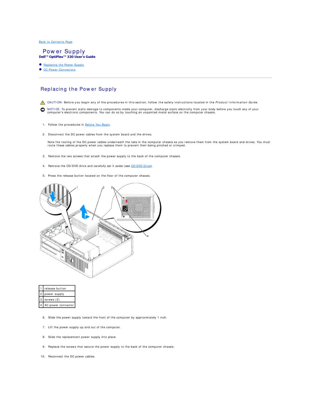 Dell 320 manual Replacing the Power Supply 