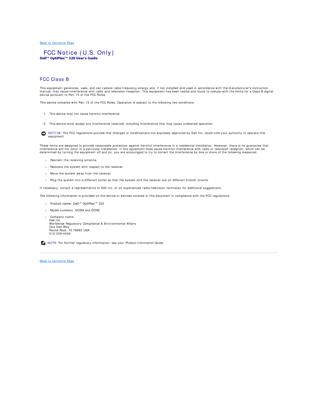 Dell 320 manual FCC Notice U.S. Only, FCC Class B 