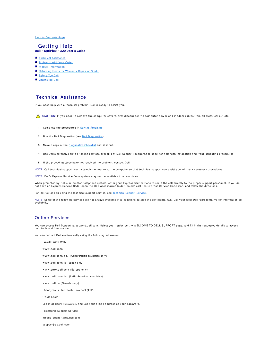Dell 320 manual Getting Help, Technical Assistance, Online Services, Ftp.dell.com 