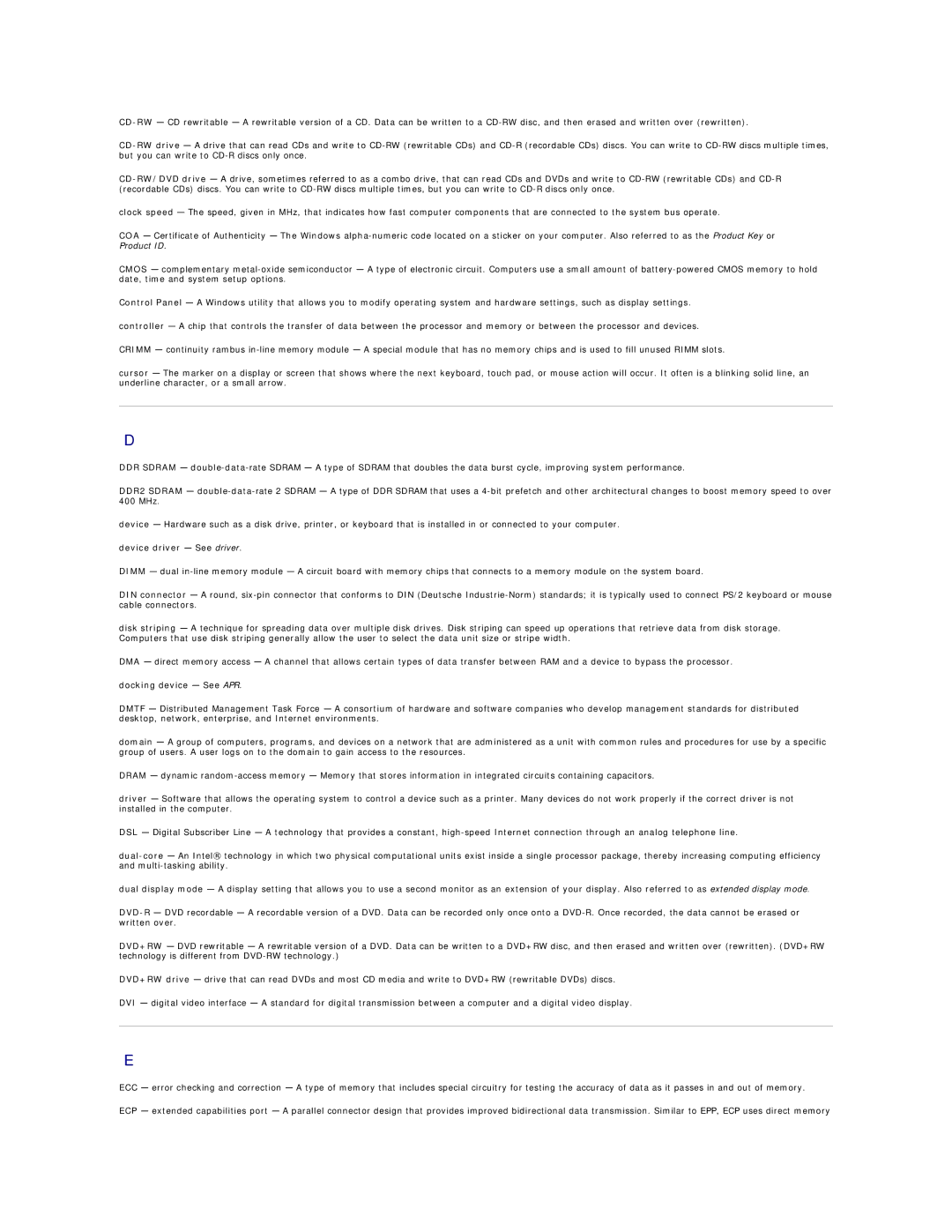 Dell 320 manual Device driver See driver, Docking device See APR 