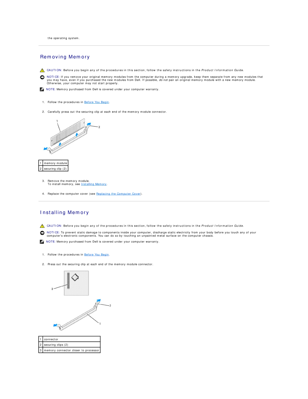 Dell 320 manual Removing Memory, Installing Memory 