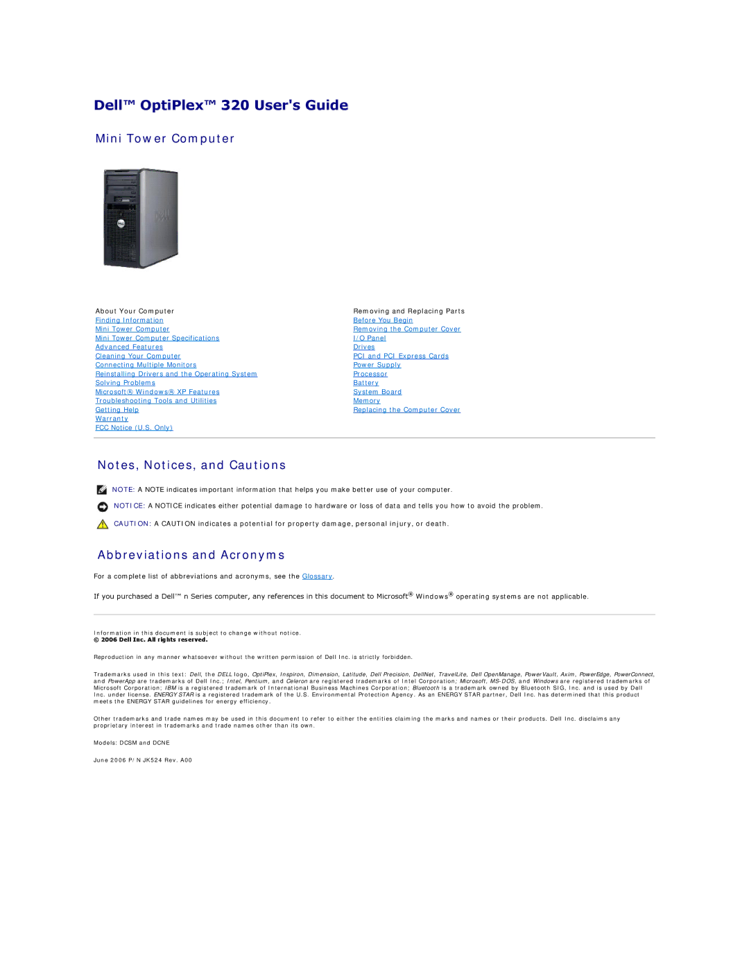 Dell 320 manual Mini Tower Computer, Abbreviations and Acronyms 