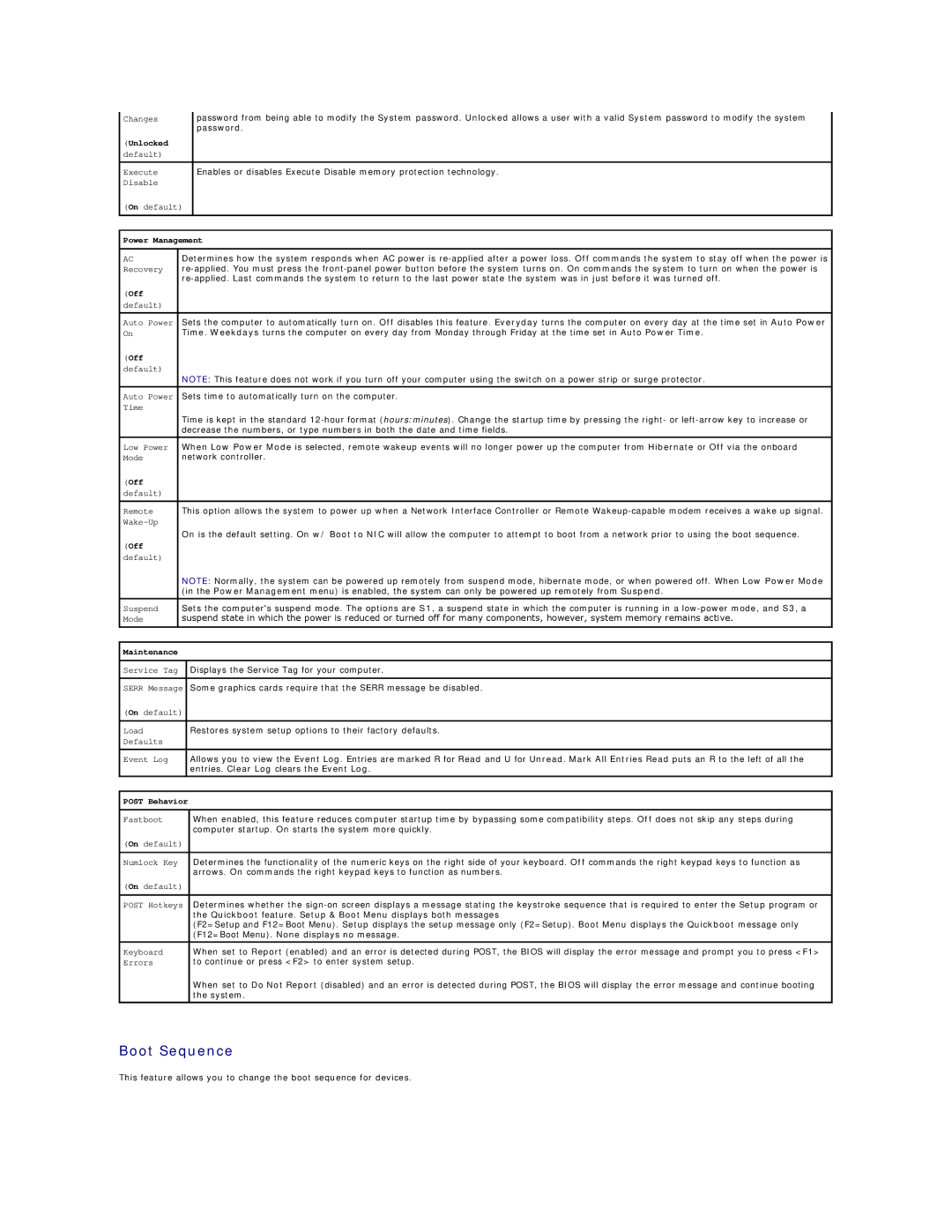 Dell 320 manual Boot Sequence, Unlocked 