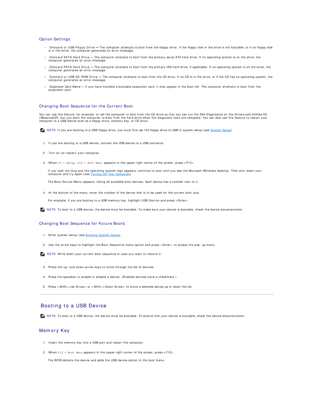 Dell 320 manual Booting to a USB Device, Memory Key, Changing Boot Sequence for the Current Boot 