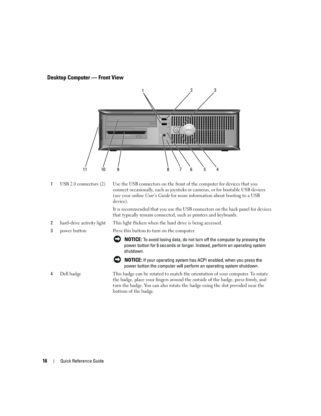 Dell 320 manual Desktop Computer Front View, Shutdown 