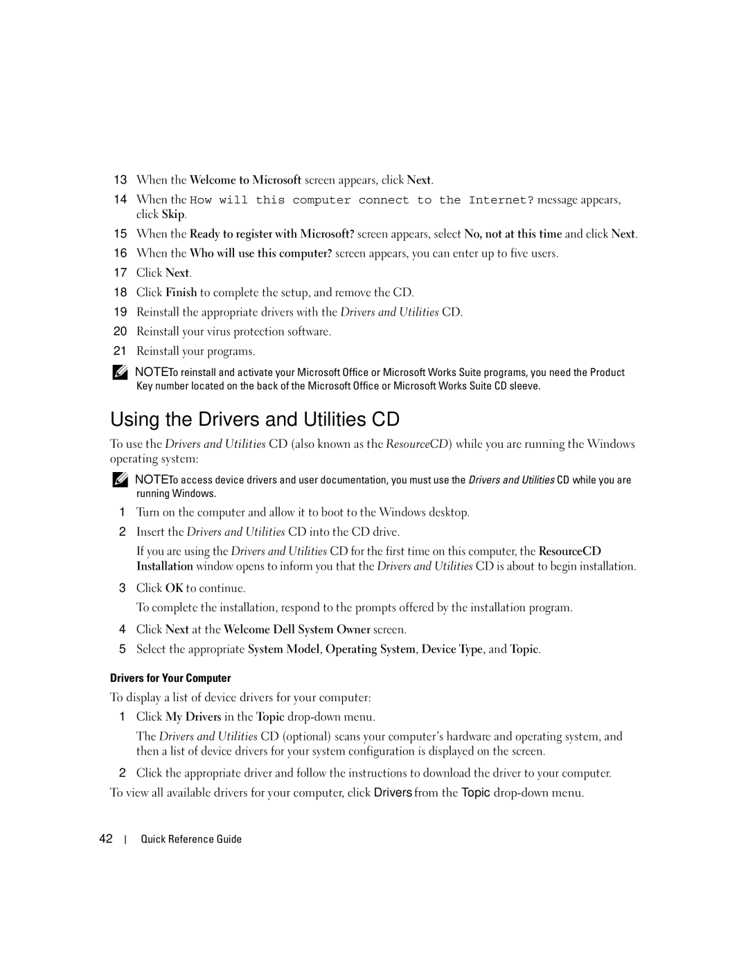 Dell 320 manual Using the Drivers and Utilities CD, When the Welcome to Microsoft screen appears, click Next 