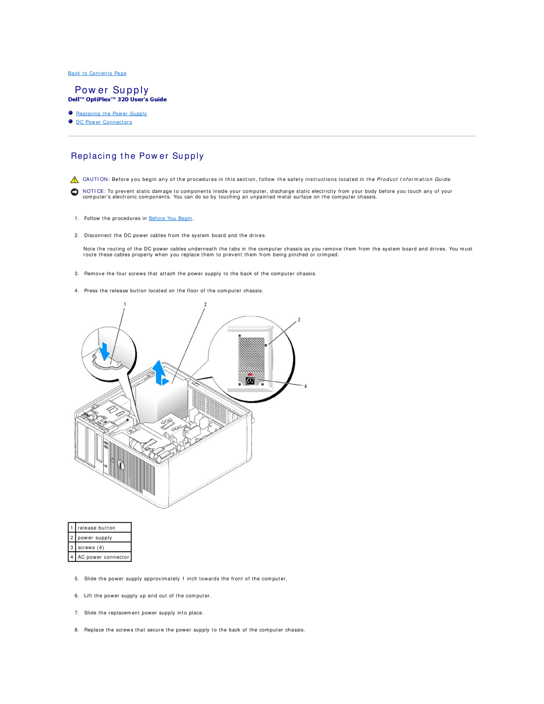 Dell manual Replacing the Power Supply, Dell OptiPlex 320 Users Guide, Back to Contents Page 