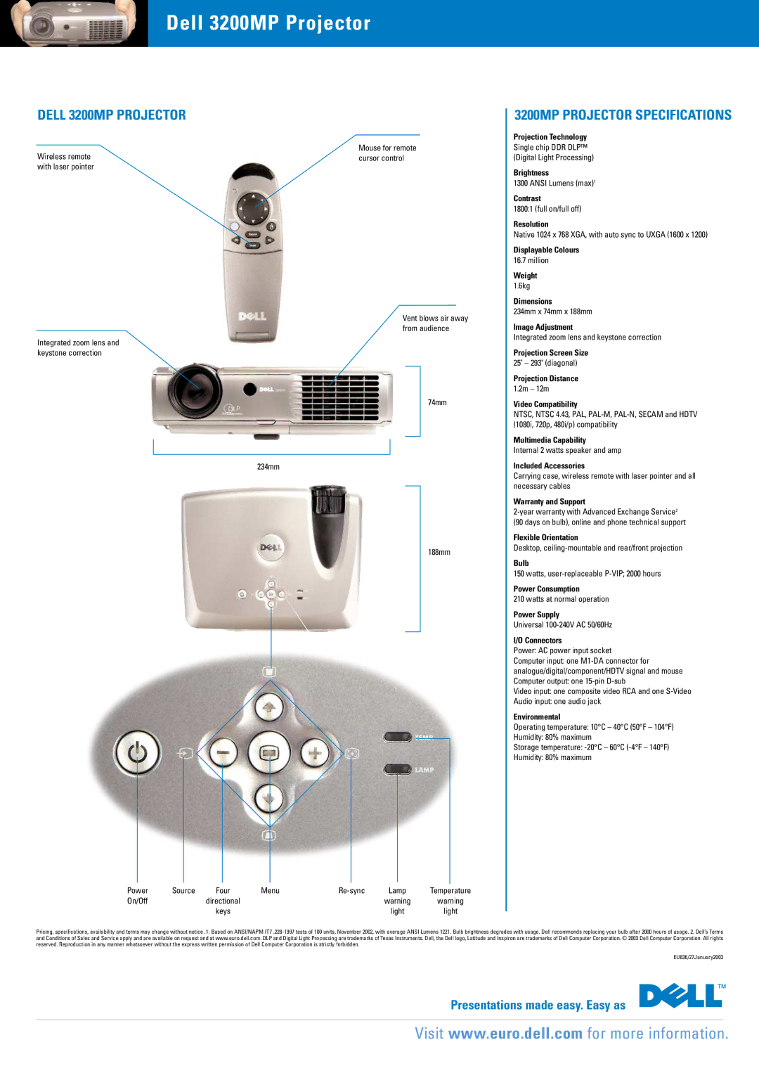 Dell 3200MP warranty Projection Technology, Brightness, Contrast, Resolution, Displayable Colours, Weight, Dimensions, Bulb 