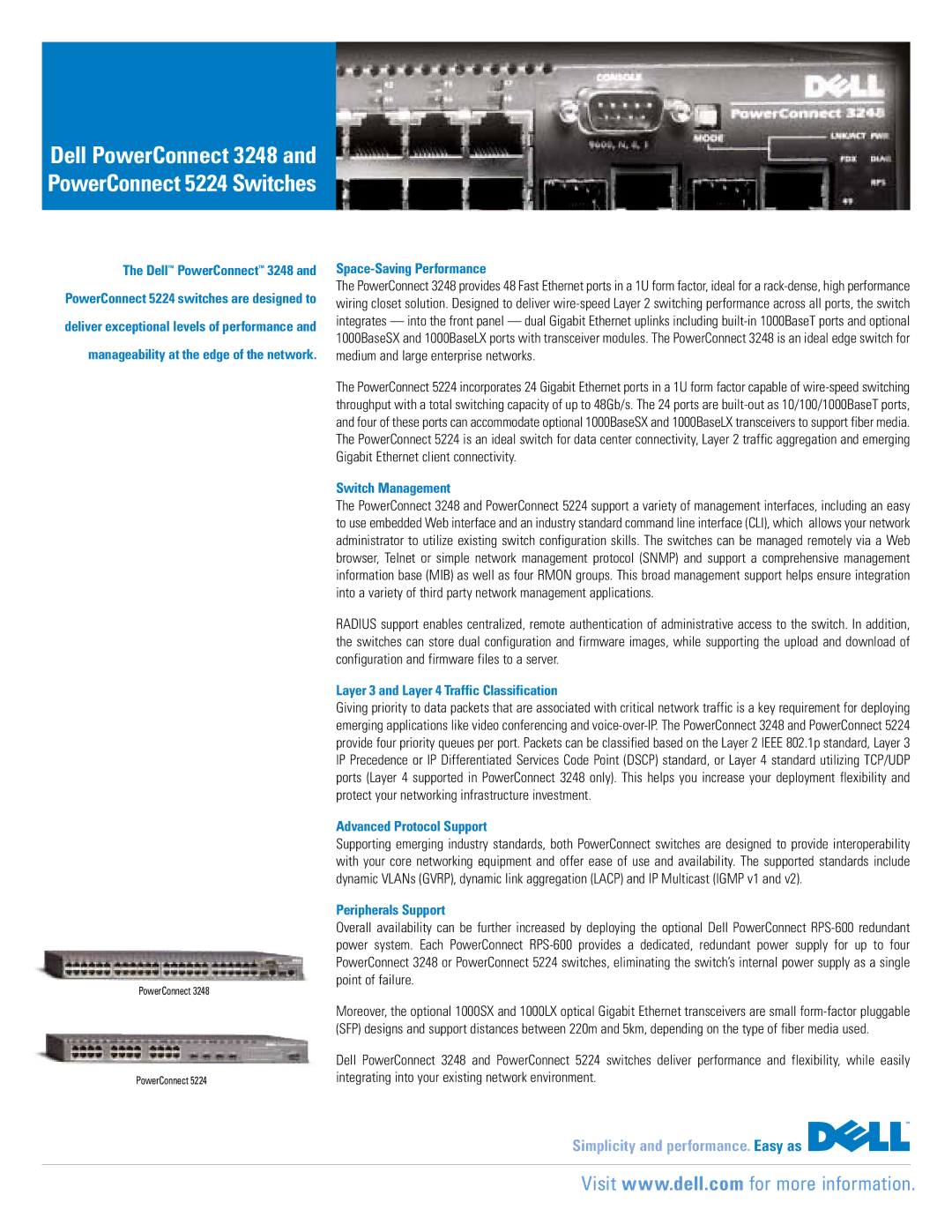 Dell 5224, 3248 manual Space-Saving Performance, Switch Management, Layer 3 and Layer 4 Traffic Classification 