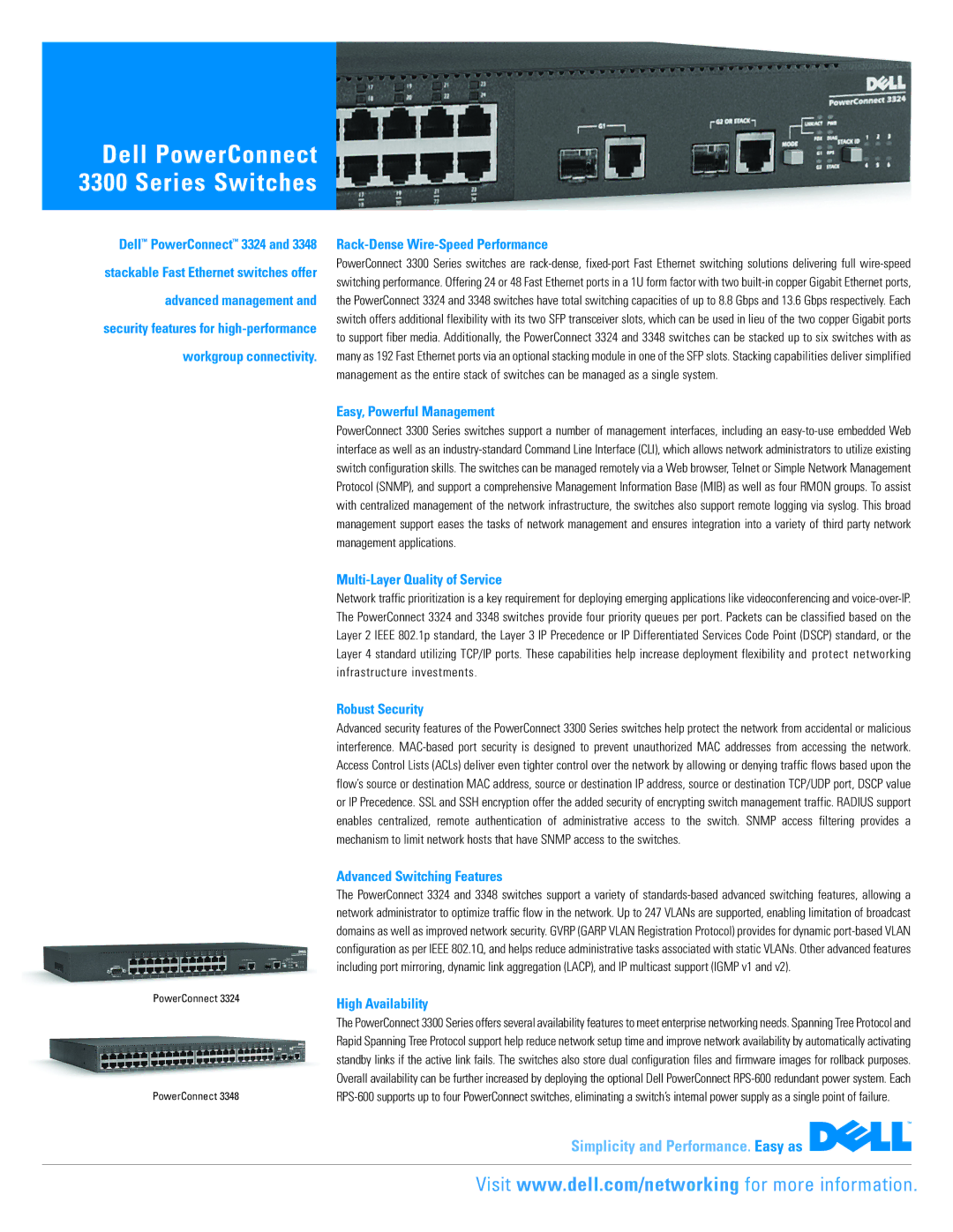 Dell 3300 manual Rack-Dense Wire-Speed Performance, Easy, Powerful Management, Multi-Layer Quality of Service 