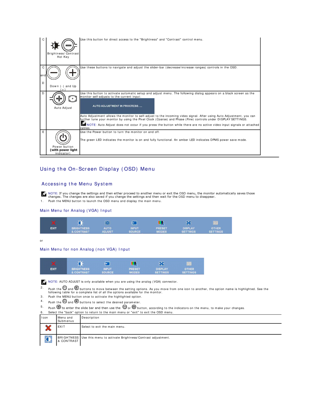 Dell 3309WFP appendix Using the On-Screen Display OSD Menu, Accessing the Menu System, Exit, Brightness, Contrast 