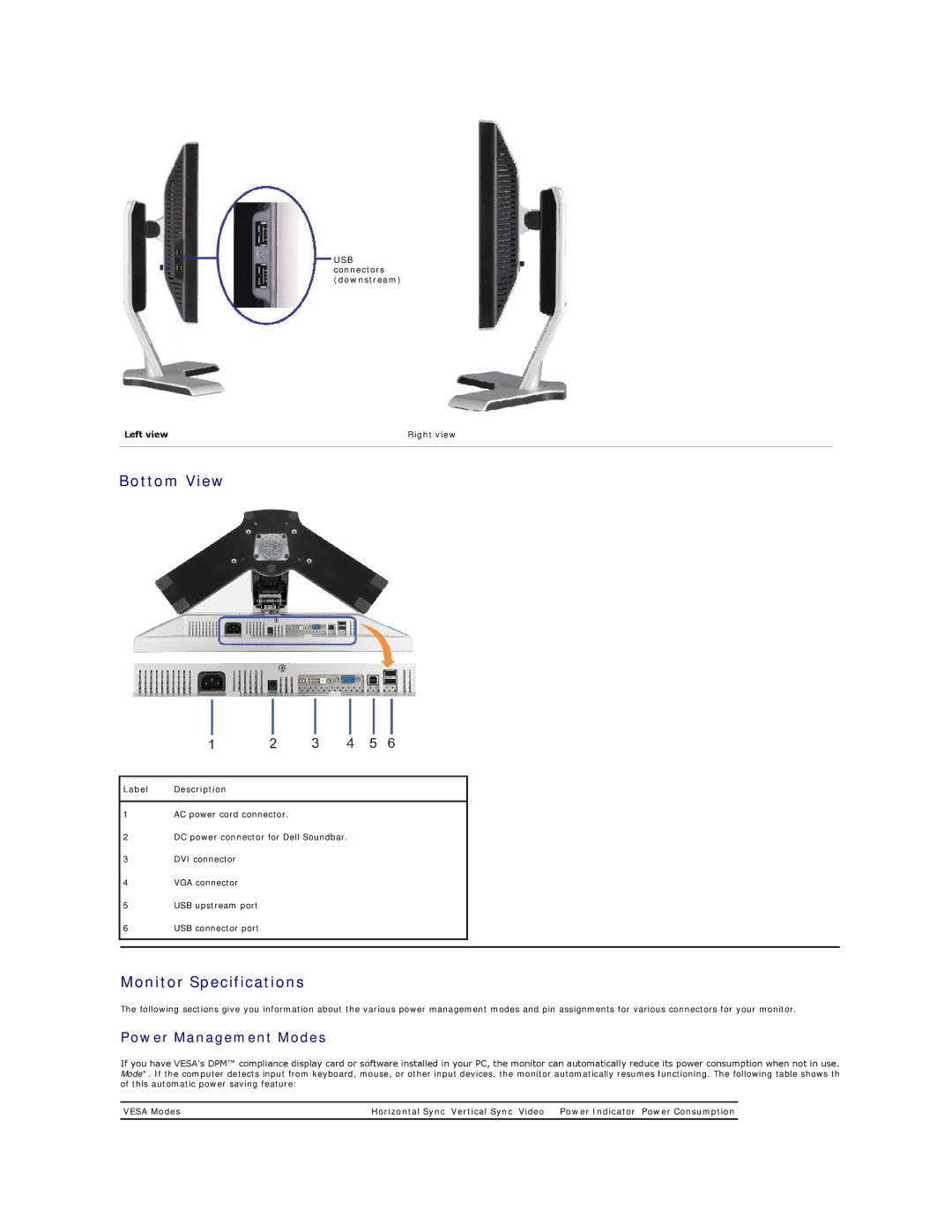 Dell 3309WFP Bottom View, Monitor Specifications, Power Management Modes, USB connectors downstream Left view Right view 