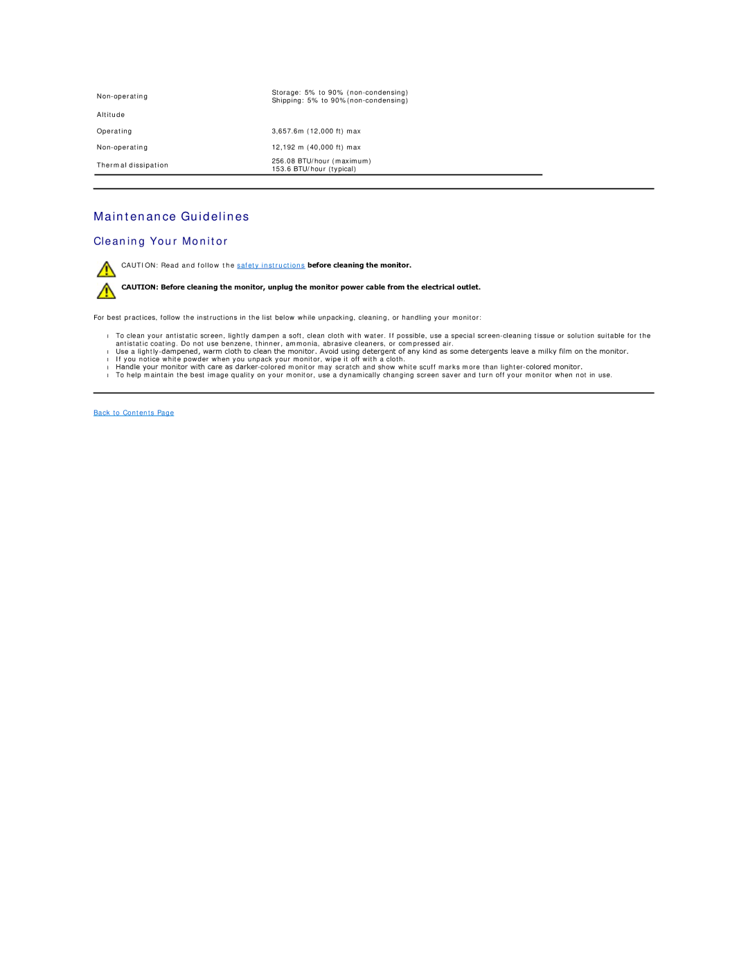 Dell 3309WFP appendix Maintenance Guidelines, Cleaning Your Monitor, Altitude, Thermal dissipation 