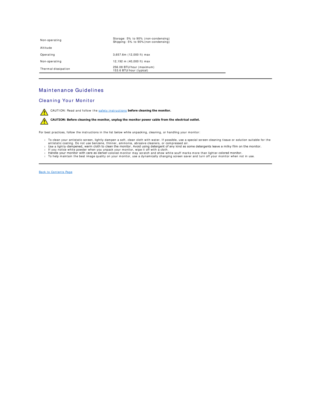 Dell 3309WFP appendix Maintenance Guidelines, Cleaning Your Monitor, Altitude, Thermal dissipation, Back to Contents Page 