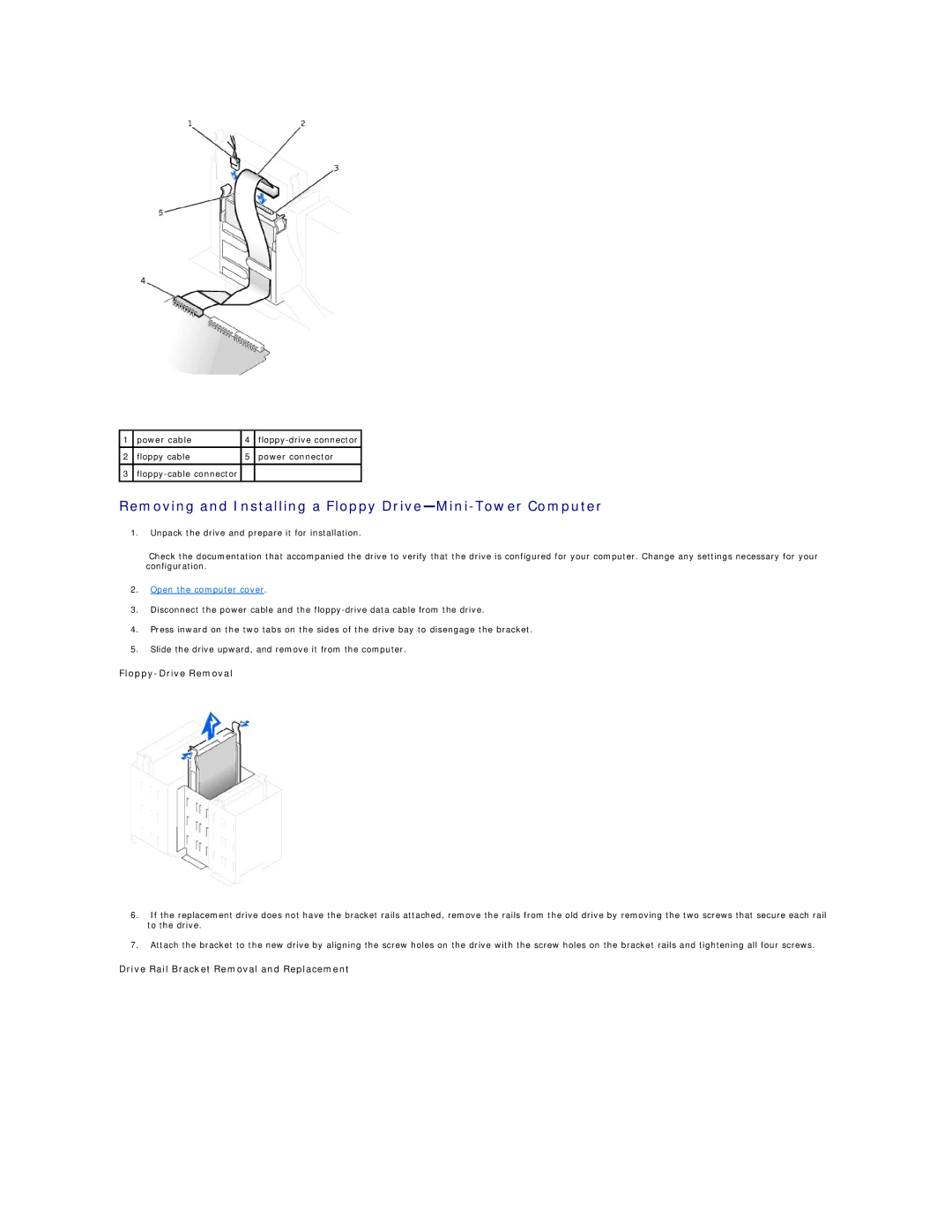 Dell 340 manual Removing and Installing a Floppy Drive-Mini-Tower Computer, Drive Rail Bracket Removal and Replacement 