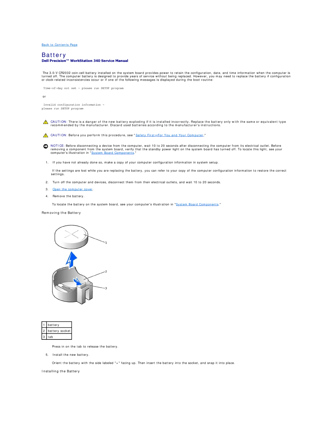 Dell 340 manual Removing the Battery, Installing the Battery 