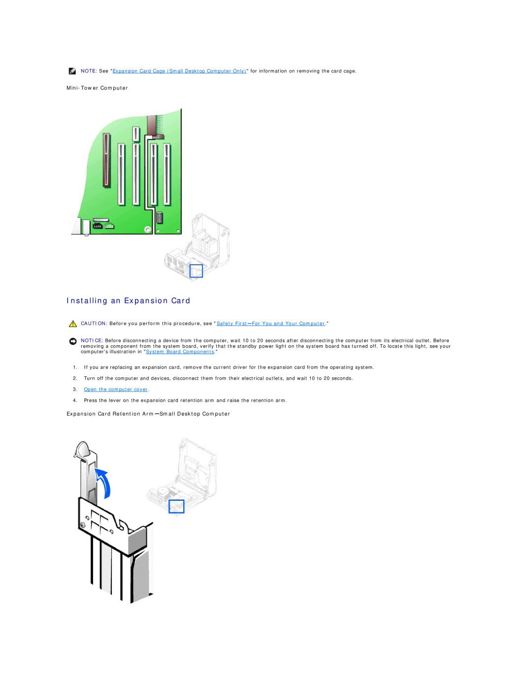 Dell 340 manual Installing an Expansion Card, Expansion Card Retention Arm-Small Desktop Computer 