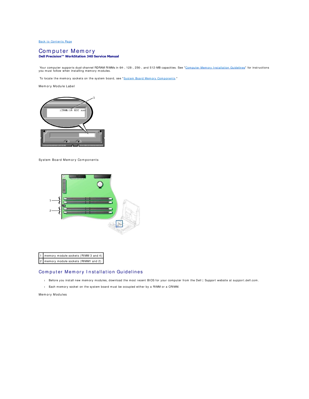 Dell 340 Computer Memory Installation Guidelines, Memory Module Label System Board Memory Components, Memory Modules 