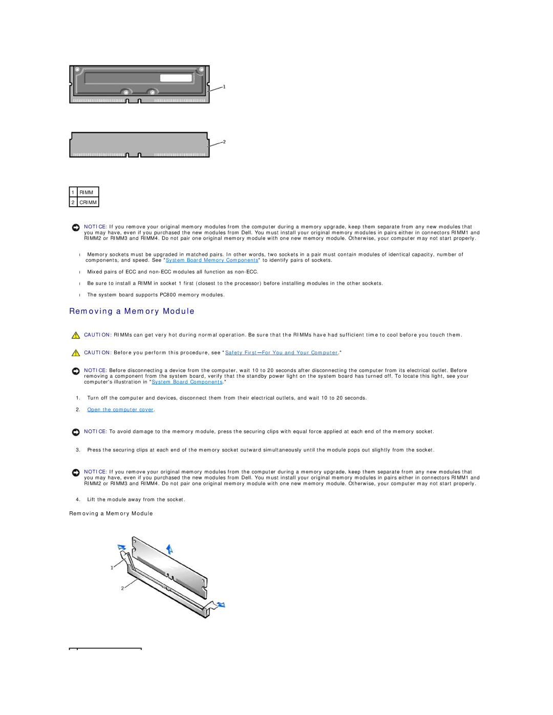 Dell 340 manual Removing a Memory Module 