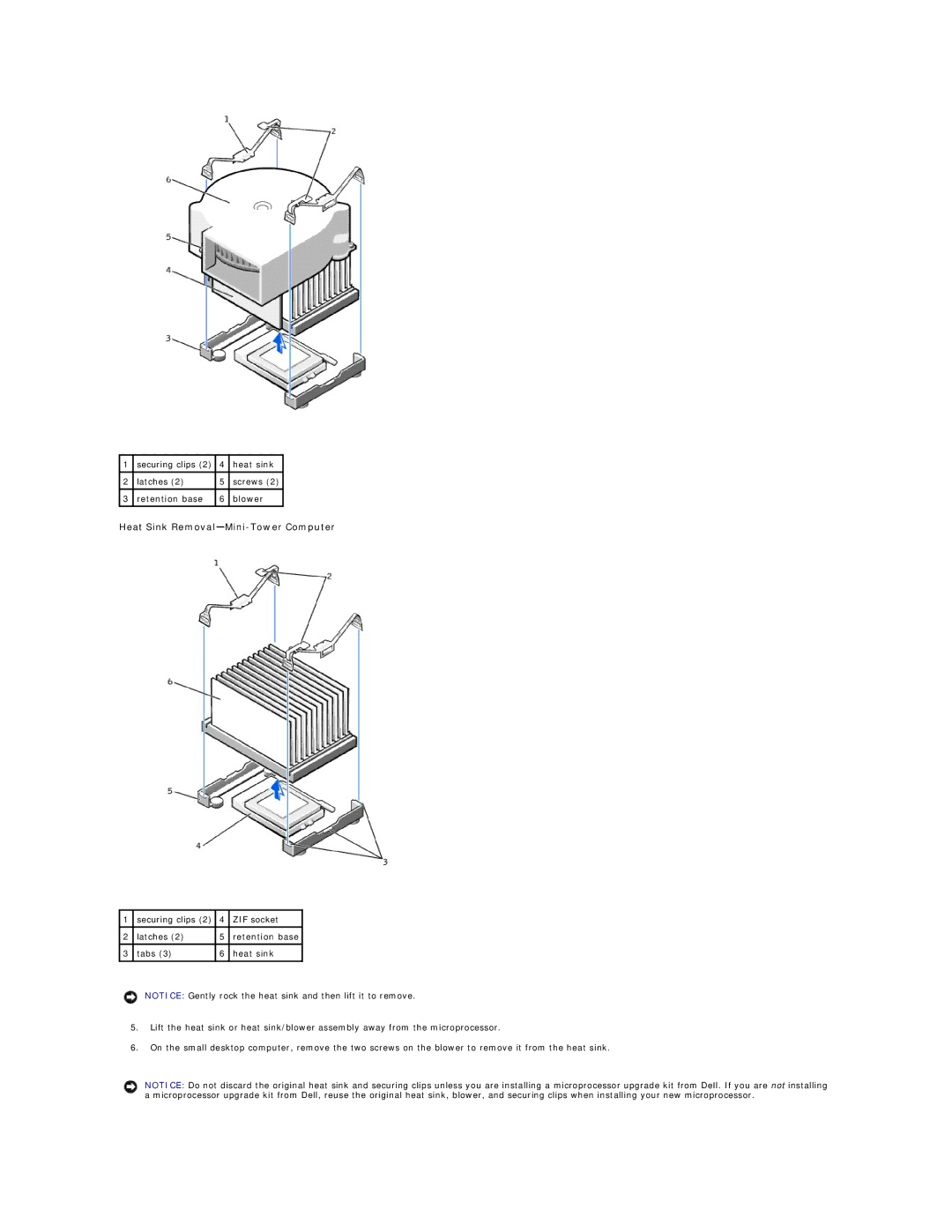 Dell 340 manual Heat Sink Removal-Mini-Tower Computer, Latches Retention base Tabs Heat sink 