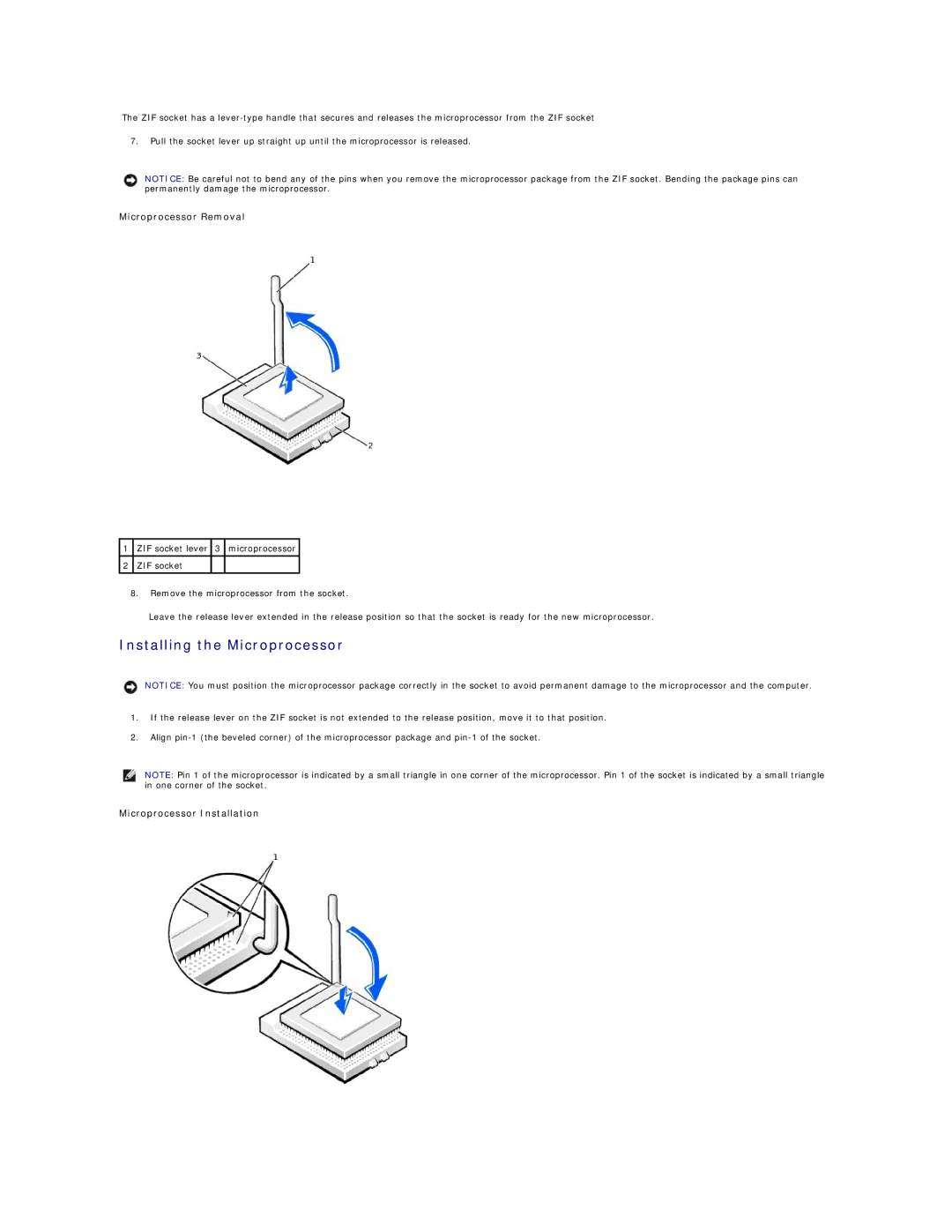 Dell 340 manual Installing the Microprocessor, Microprocessor Removal, Microprocessor Installation 