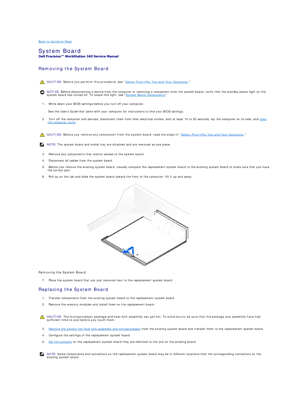 Dell 340 manual Removing the System Board, Replacing the System Board 