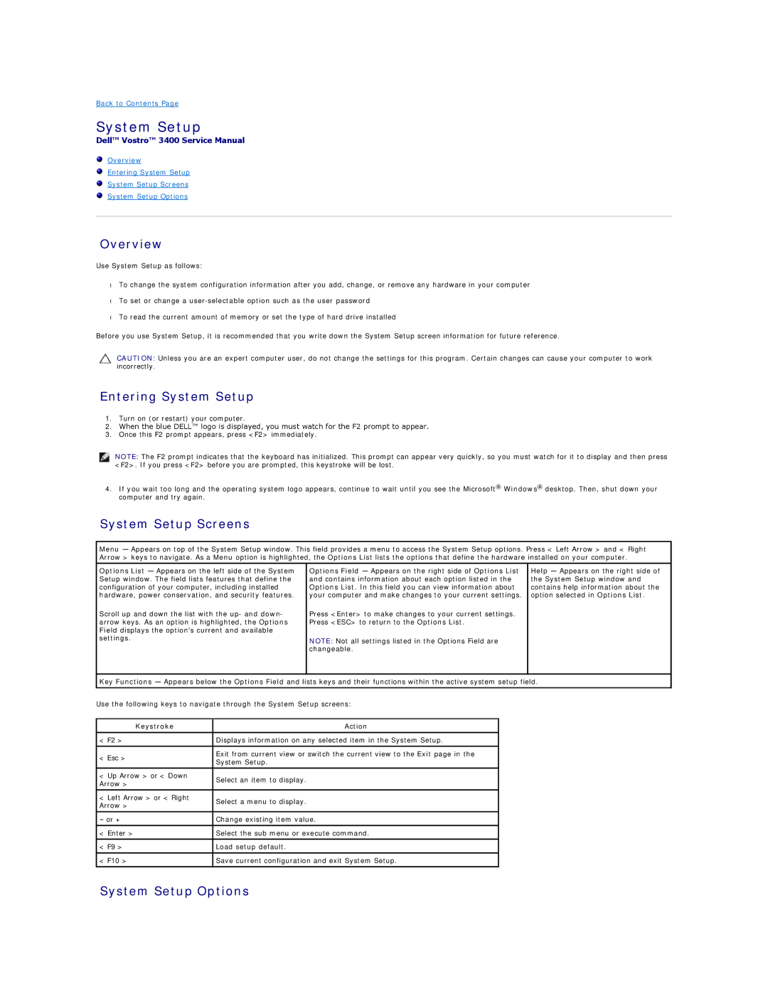 Dell 3400 specifications Overview, Entering System Setup, System Setup Screens, System Setup Options 