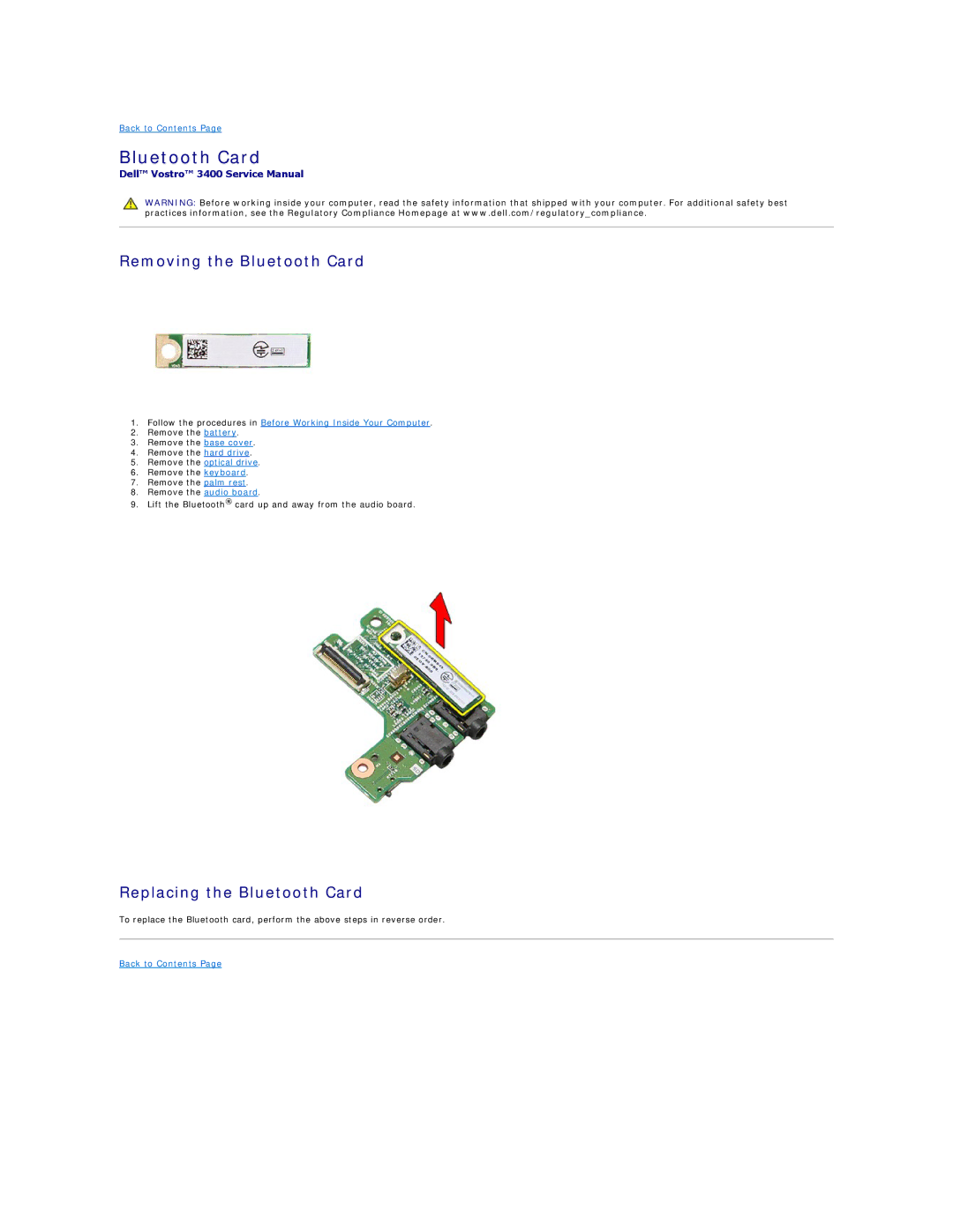 Dell 3400 specifications Removing the Bluetooth Card, Replacing the Bluetooth Card 