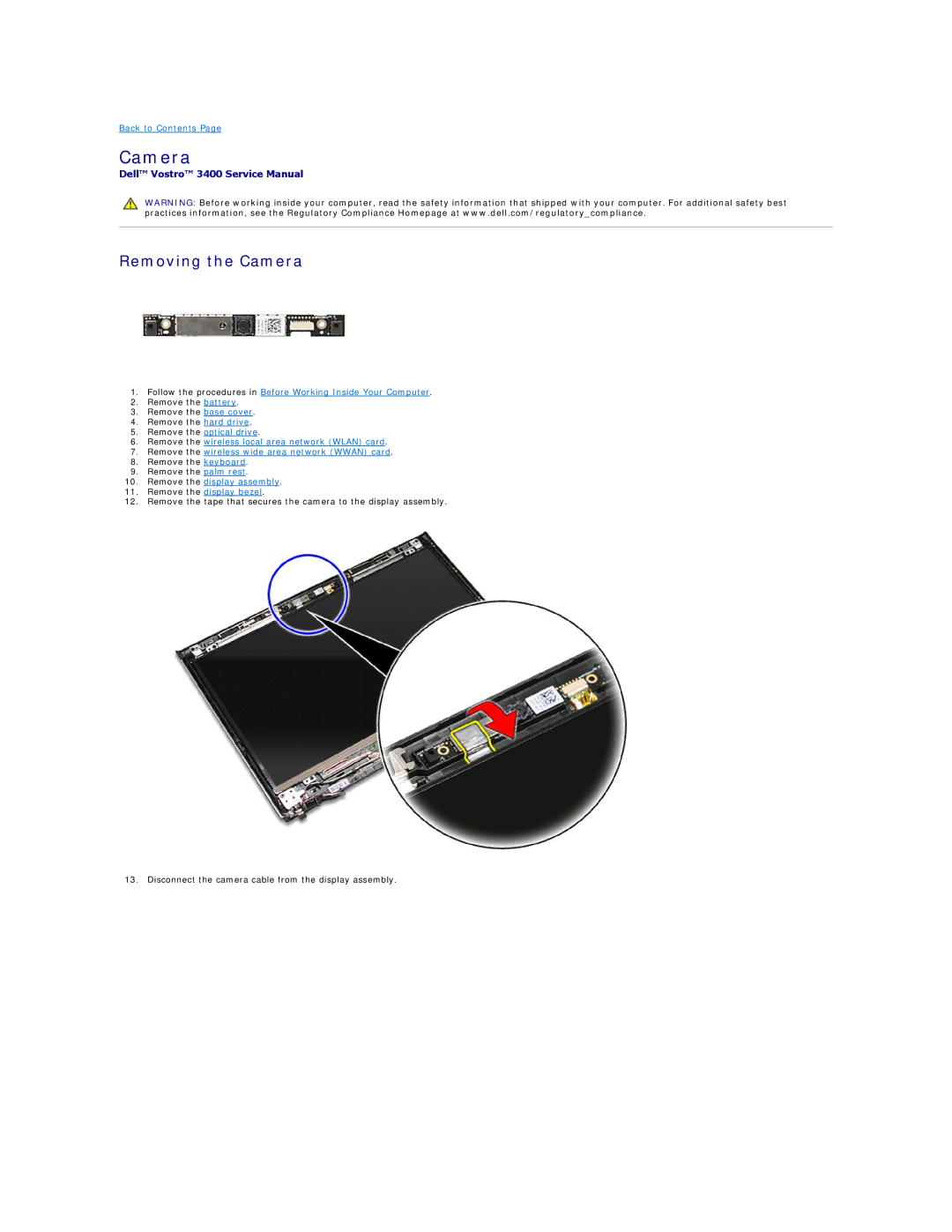 Dell 3400 specifications Removing the Camera 