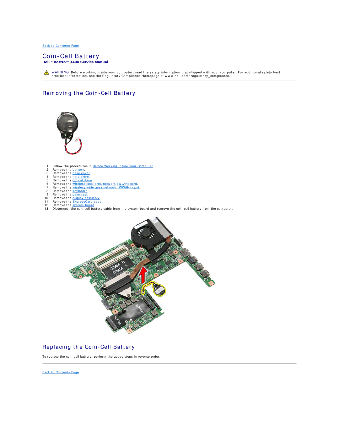 Dell 3400 specifications Removing the Coin-Cell Battery, Replacing the Coin-Cell Battery 